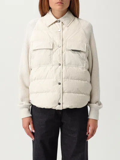 Brunello Cucinelli Two-material Down Jacket With Shiny Flap Detail In Neutral