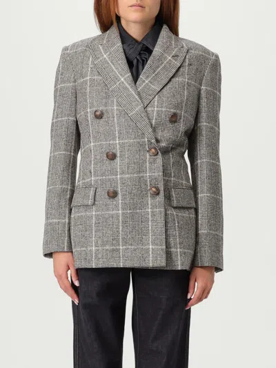 Brunello Cucinelli Alpaca And Wool Prince Of Wales Double-breasted Blazer With Monili In Gray