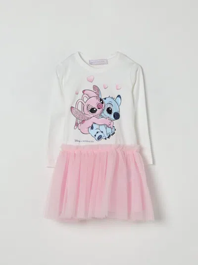Monnalisa White Dress With Front Print And Built-in Skirt In Cotton Blend Girl In Pink