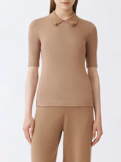 Fabiana Filippi Short Sleeve T-shirt With Knit Collar And Pins In Brown