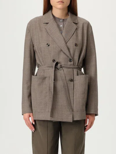 Soeur 'drew' Double-breasted Blazer In Brown With Belted Waist In Gray