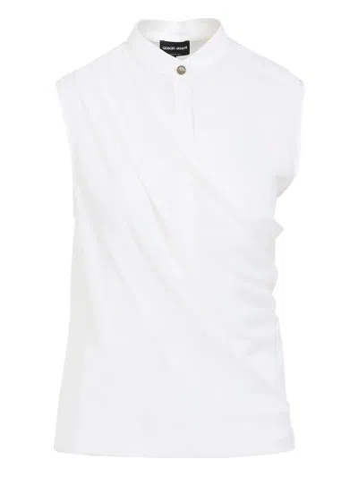 Giorgio Armani Draped Silk Shirt Korean Collar In White