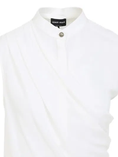 Giorgio Armani Draped Silk Shirt Korean Collar In White