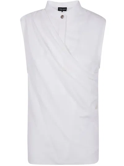 Giorgio Armani Draped Silk Shirt Korean Collar In White