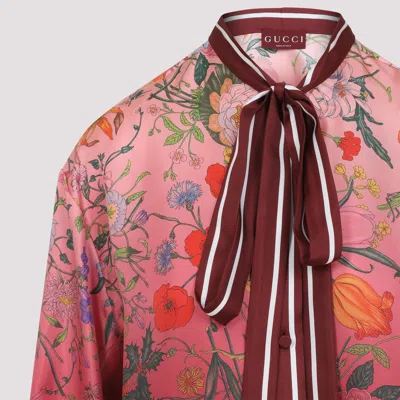Gucci Bordeaux Shirt With Collar With Bow And All-over Flora Print In Silk Woman In Pink