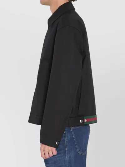 Gucci Men Black Jacket With Classic Collar And Web Motif On The Waist In Cotton Man In Black