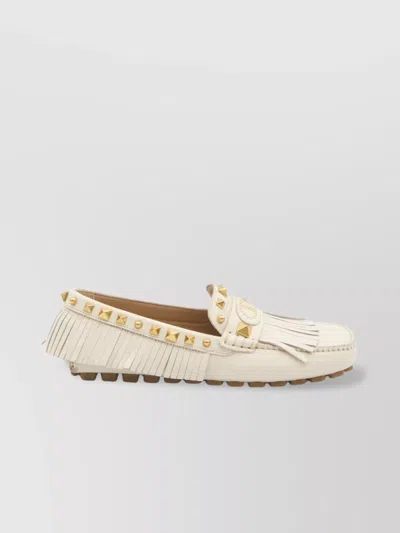 Valentino Garavani Fringed Leather Loafers Metal Rivets In White