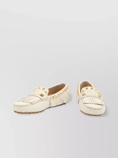 Valentino Garavani Fringed Leather Loafers Metal Rivets In White