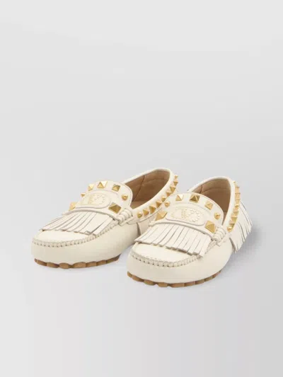 Valentino Garavani Fringed Leather Loafers Metal Rivets In White