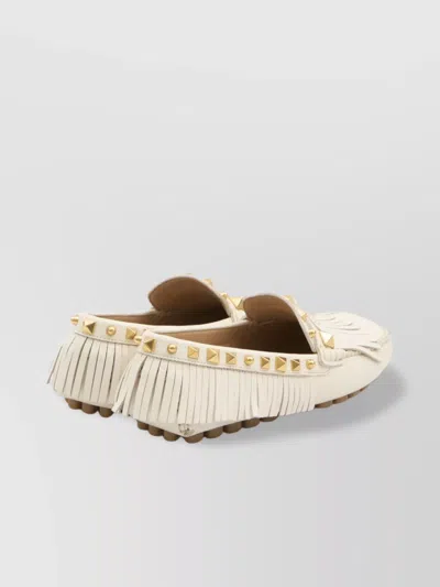 Valentino Garavani Fringed Leather Loafers Metal Rivets In White