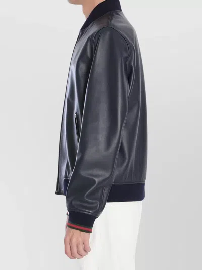 Gucci Men Midnight Blue Leather Bomber Jacket In Blue