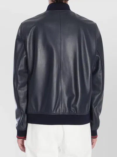 Gucci Men Midnight Blue Leather Bomber Jacket In Blue