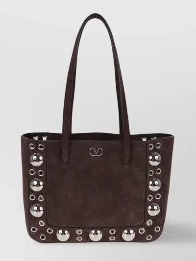 Valentino Studded Suede Double Handles Shoulder Bag In Brown