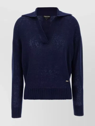 Tom Ford V Neck Long Sleeve Ribbed Hem Polo In Blue