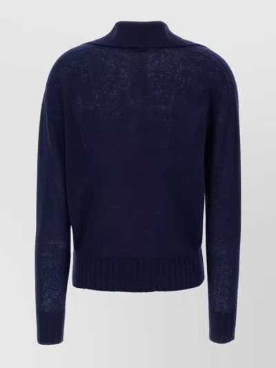 Tom Ford V Neck Long Sleeve Ribbed Hem Polo In Blue