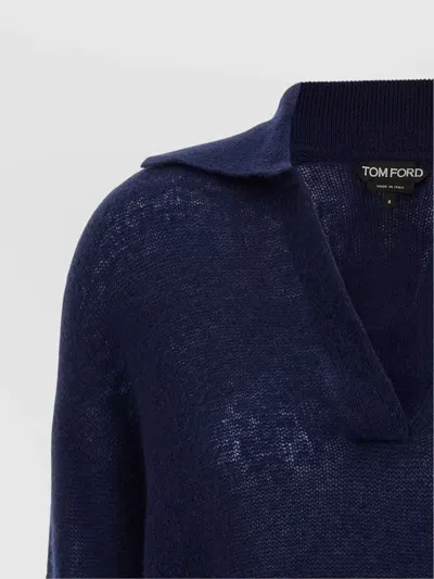 Tom Ford V Neck Long Sleeve Ribbed Hem Polo In Blue