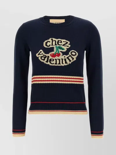Valentino 'atelier Crew Neck Knitwear With Ribbed Hem And Cuffs' In Blue