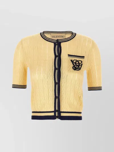 Valentino Embroidered Striped Pointelle-knit Linen-blend Cardigan In Metallic