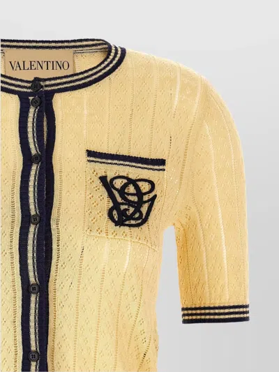 Valentino Embroidered Striped Pointelle-knit Linen-blend Cardigan In Metallic