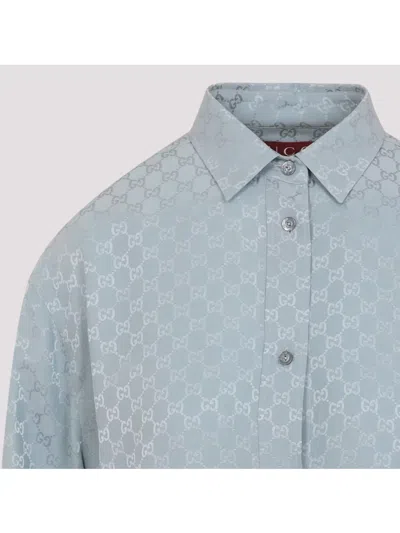 Gucci Silk Shirt With Monogram Motif In Blue