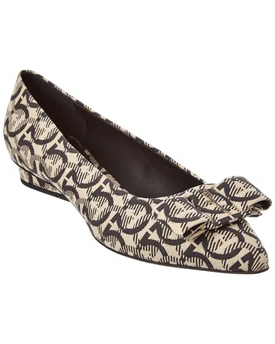 Ferragamo Viva Bow Gancini-print Canvas Ballerina Flats In Brown