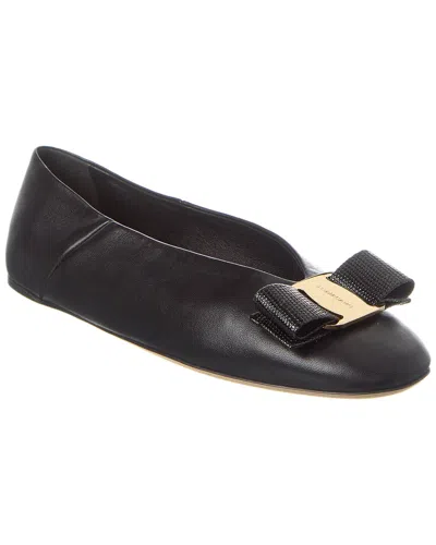 Ferragamo Leather Round Toe Ballerina Shoes With Bow Detail In Blue