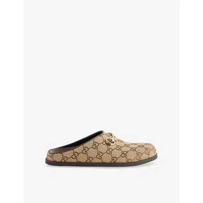 Gucci Gg Monogram Horsebit Flat Mules In Brown