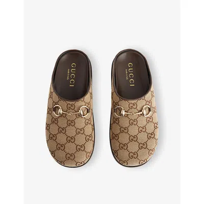 Gucci Gg Monogram Horsebit Flat Mules In Brown