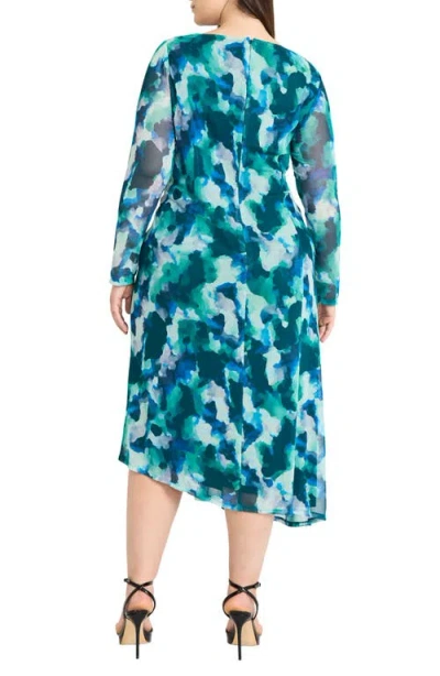 Maggy London Abstract Print Long Sleeve Asymmetric Knit Dress In Green