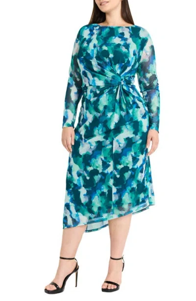 Maggy London Abstract Print Long Sleeve Asymmetric Knit Dress In Green