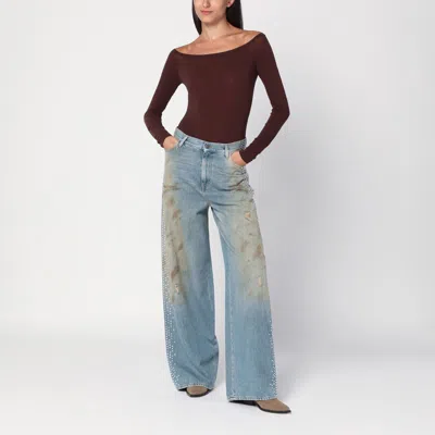Golden Goose Distressed Boyfriend Fit Trousers With Studded Detailing In Blue