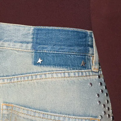 Golden Goose Distressed Boyfriend Fit Trousers With Studded Detailing In Blue