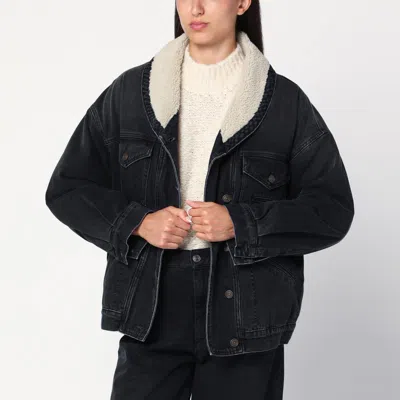 Isabel Marant Black Pimia Jacket In Denim And Faux Fur In Black