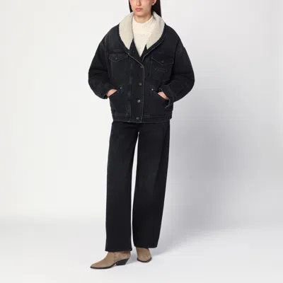 Isabel Marant Black Pimia Jacket In Denim And Faux Fur In Black