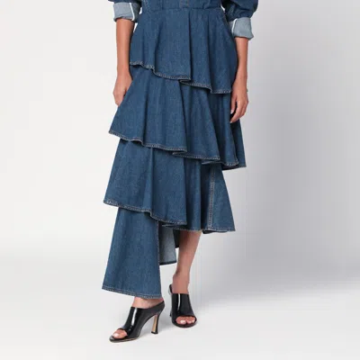 Alaïa High Waist Tiered Ruffled Denim Skirt In Blue