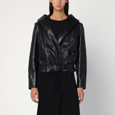 Alaïa Black Leather Biker Jacket With Hood In Black