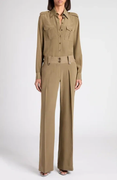 Tom Ford Pleated Wide Leg Silk Crêpe De Chine Pants In Green