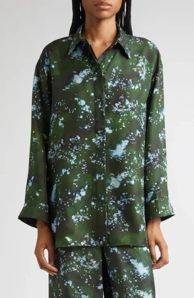 Lafayette 148 New York Boyfriend Oversize Splattered Glaze Print Silk Twill Button-up Shirt In Green