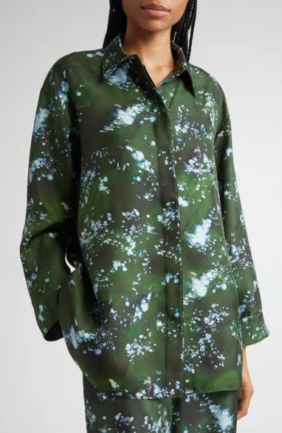 Lafayette 148 New York Boyfriend Oversize Splattered Glaze Print Silk Twill Button-up Shirt In Green
