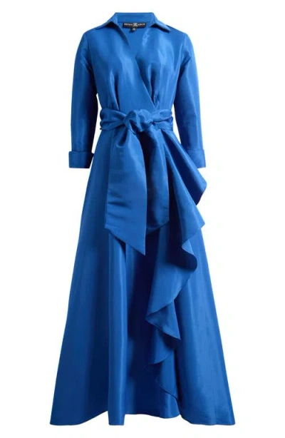 Betsy & Adam Ruffle Detail Taffeta Gown In Blue