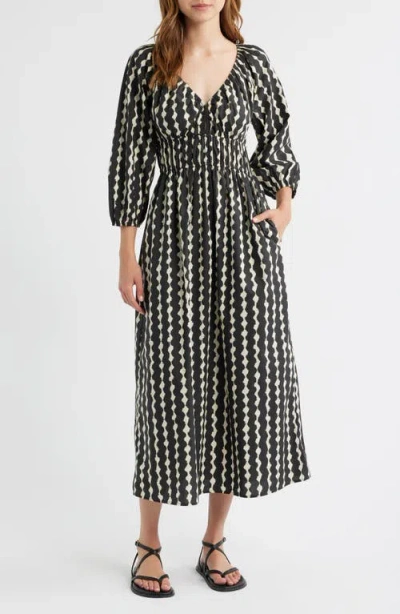 Rails Paio Abstract Print Long Sleeve Midi Dress In Painted Noir In Black