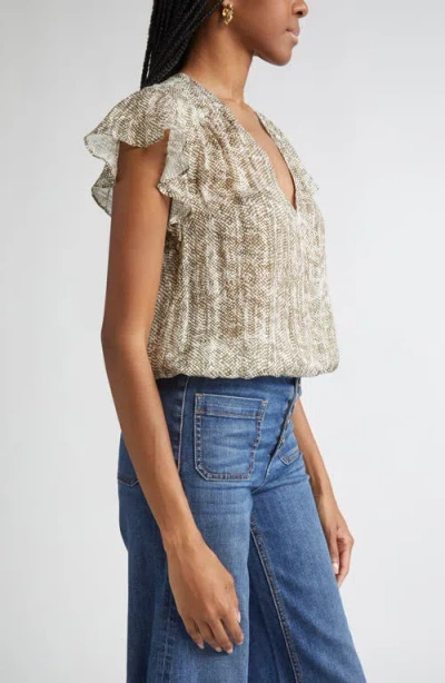 Ramy Brook Teresa Flutter Sleeve Top In Olive Baja Dot Print In Green