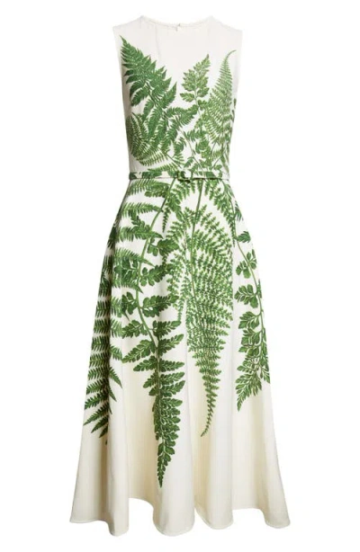 Oscar De La Renta Fern-print Double-face Wool Sleeveless Midi Day Dress With Belt In Multi