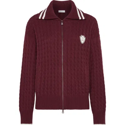 Brunello Cucinelli Red Cardigan With Bicolor Collar And Logo Patch On The Front In Red