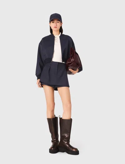 Maje Zipped Mixed Wool Bomber Jacket In Blue