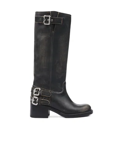 Chloé Dakota Burnished Leather Knee-high Moto Boots In Black