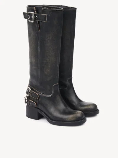 Chloé Dakota Burnished Leather Knee-high Moto Boots In Black