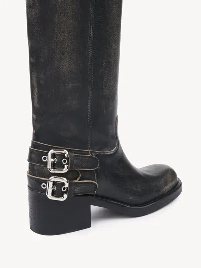 Chloé Dakota Burnished Leather Knee-high Moto Boots In Black