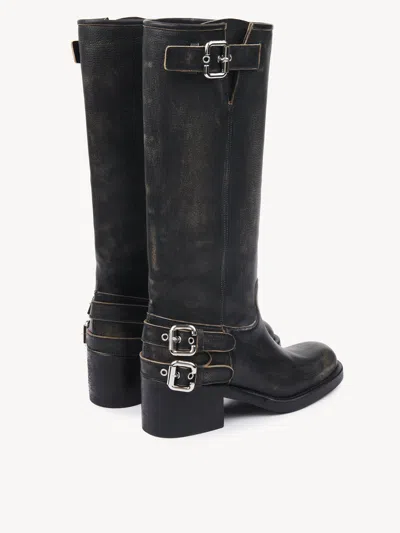 Chloé Dakota Burnished Leather Knee-high Moto Boots In Black