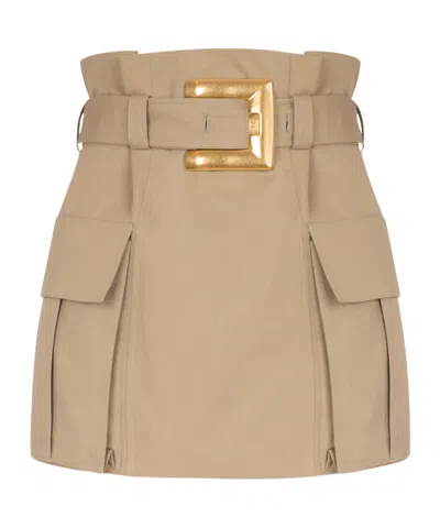 Balmain Gabardine Mini Skirt With Gold-tone Hardware In Brown